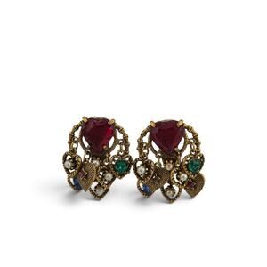 Vintage Multicolor Rhinestone Heart Charm Clip On Earrings Gold Tone Dangle